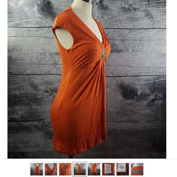NWT Smart Set Orange V Neck Embellished Circle Gathered Tunic Tops Blouse sz S - Picture 2 of 9